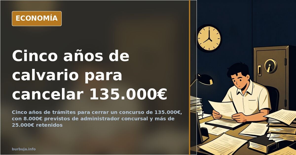 Expedientes apilados de un concurso de acreedores junto a una calculadora, ilustración editorial en azul marino y dorado