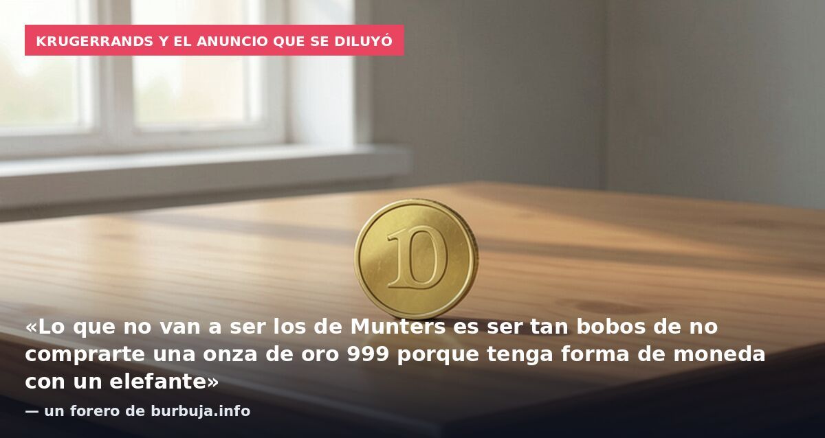 Krugerrands y el anuncio que se diluyó: «Lo que no van a ser los de Munters es ser tan bobos de no comprarte una onza de oro 999 porque tenga forma de moneda con un elefante» — un forero de burbuja.info