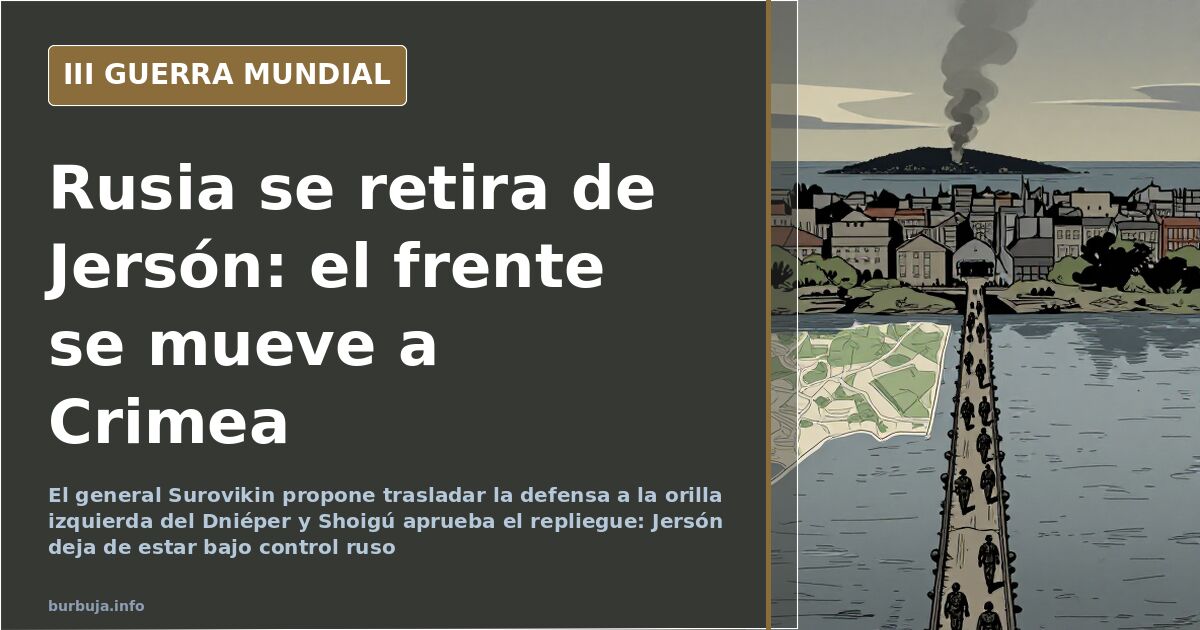 Banderas rusas retirándose de edificios administrativos de Jersón junto al río Dniéper, con el frente replegándose hacia Crim