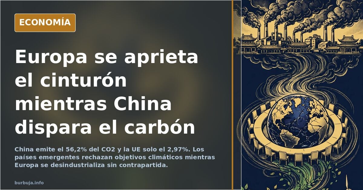 Ilustración editorial de chimeneas industriales emitiendo humo sobre un mapa mundial con Europa en tonos apagados y Asia en t
