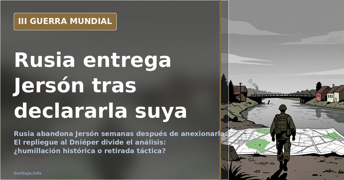 Ilustración documental desaturada de la retirada rusa de Jersón con el río Dniéper, mapas y humo lejano en el horizonte