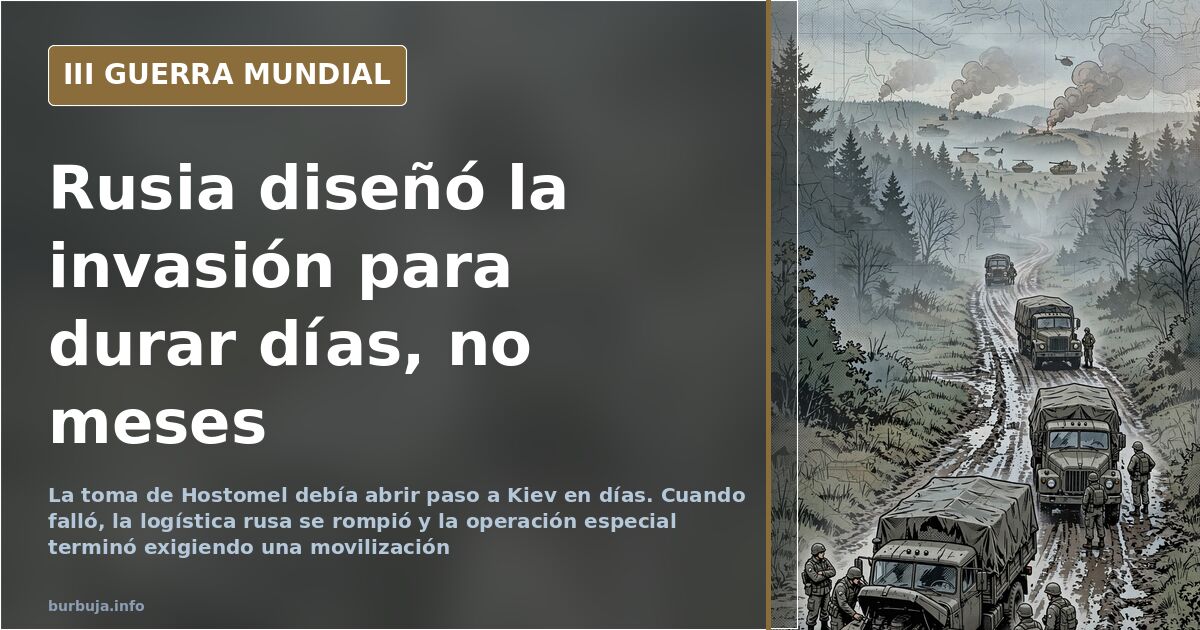 Mapa con la ruta del asalto ruso al aeródromo de Hostomel y la aproximación a Kiev al inicio de la invasión de Ucrania