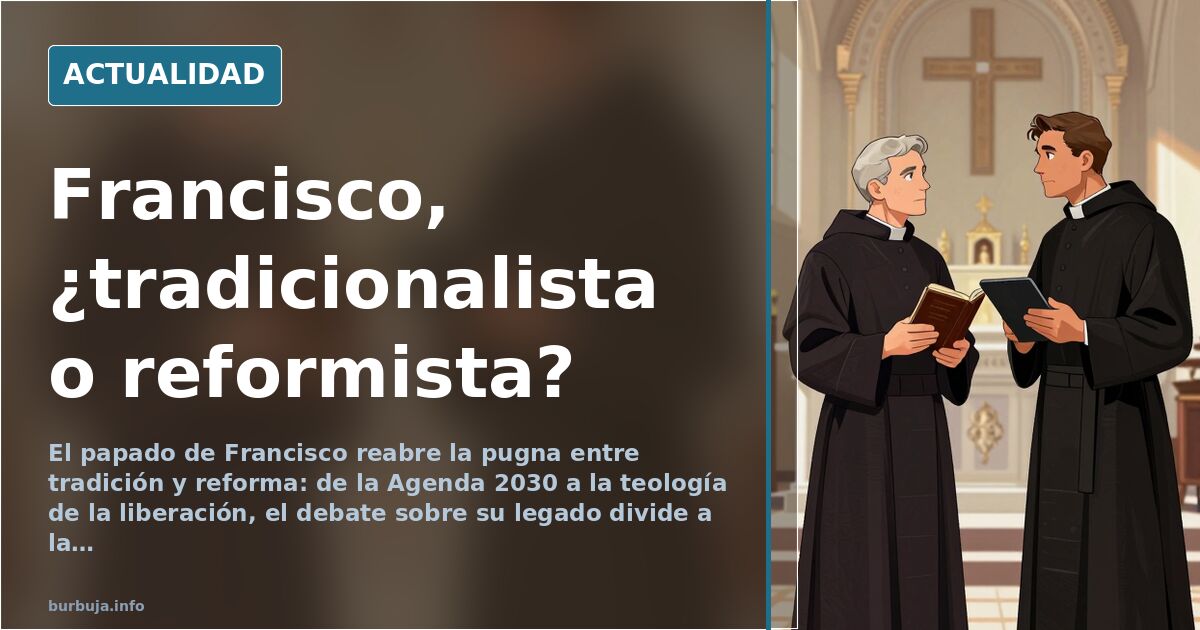 Ilustración editorial del papa Francisco saludando desde un balcón vaticano, con una multitud dividida en dos facciones enfre