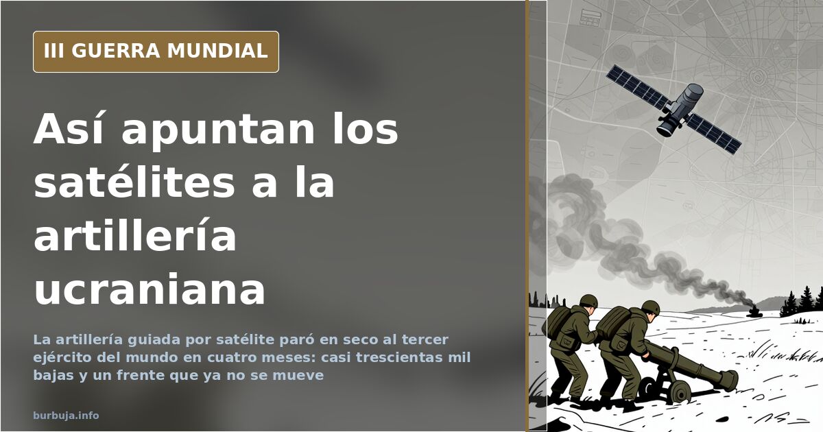 Obús autopropulsado camuflado junto a una antena satelital en un paisaje desaturado de la guerra de Ucrania