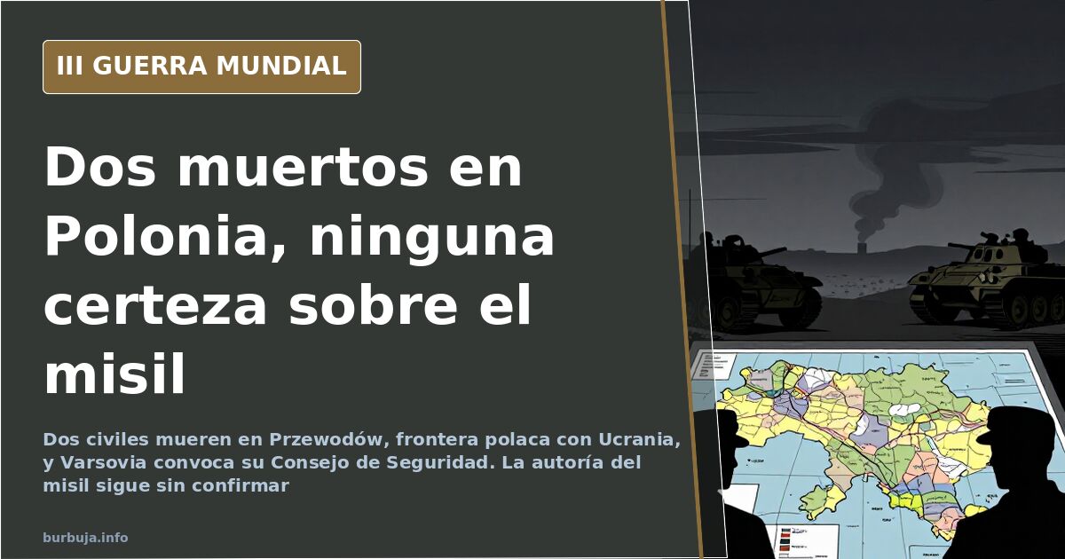 Mapa fronterizo entre Polonia y Ucrania con el pueblo de Przewodów señalado y estelas de misiles sobre el horizonte