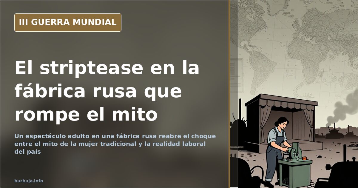 Interior de una fábrica con operarios observando a una mujer sobre una mesa improvisada