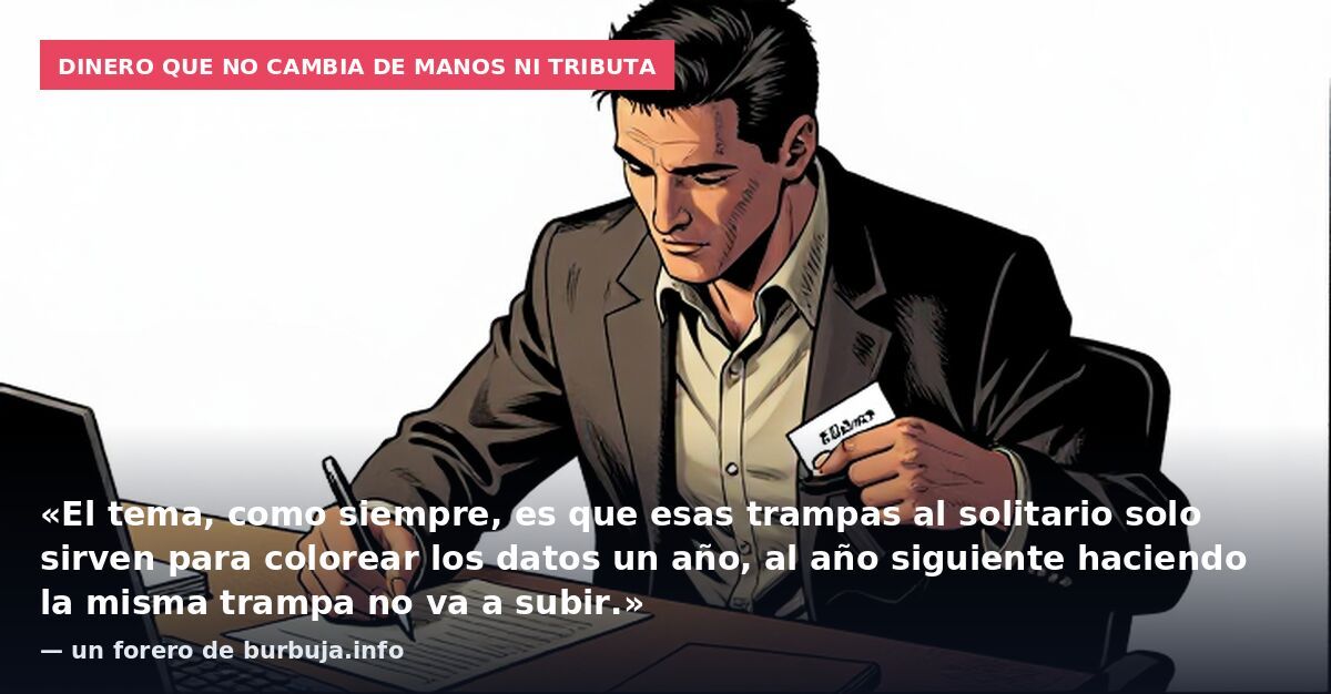 Dinero que no cambia de manos ni tributa: «El tema, como siempre, es que esas trampas al solitario solo sirven para colorear los datos un año, al año siguiente haciendo la misma trampa no va a subir.» — un forero de burbuja.info