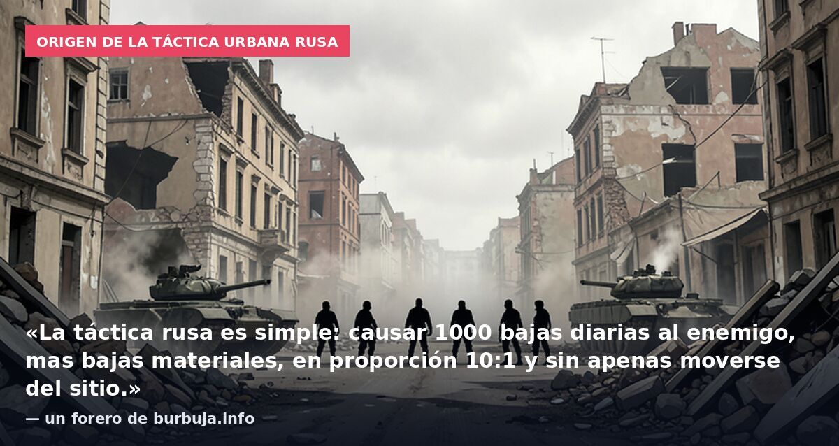 Origen de la táctica urbana rusa: «La táctica rusa es simple: causar 1000 bajas diarias al enemigo, mas bajas materiales, en proporción 10:1 y sin apenas moverse del sitio.» — un forero de burbuja.info