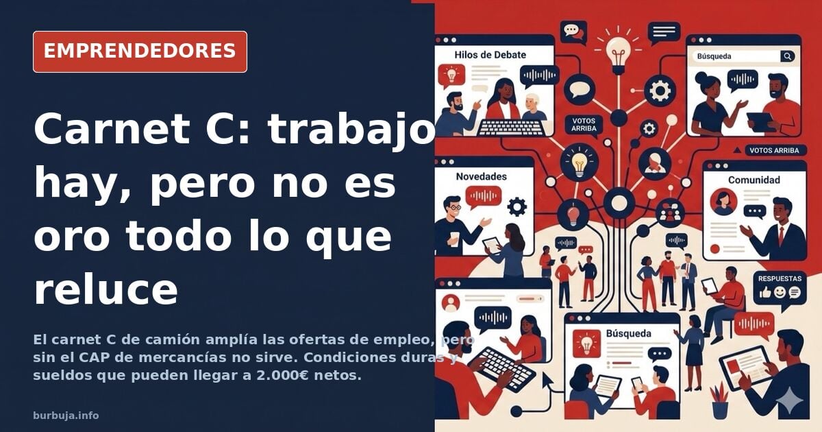 Camión de reparto en una carretera española al amanecer, con el carnet C como telón de fondo