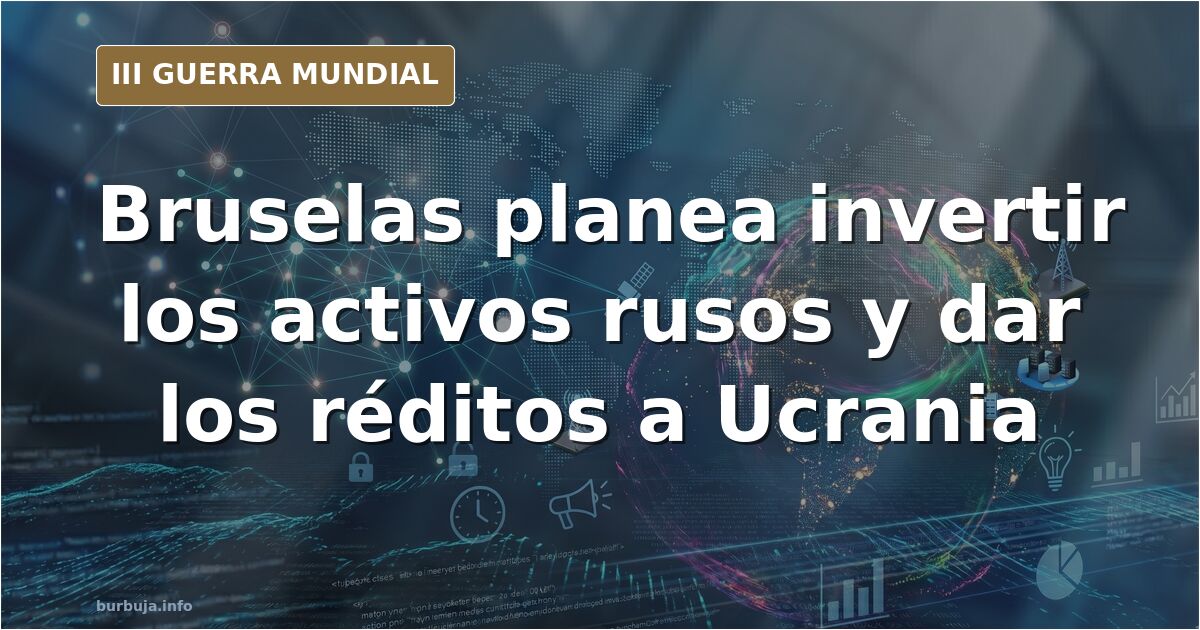 Banderas de la UE ante un mapa de Ucrania y gráficos sobre activos rusos congelados, ilustración documental desaturada