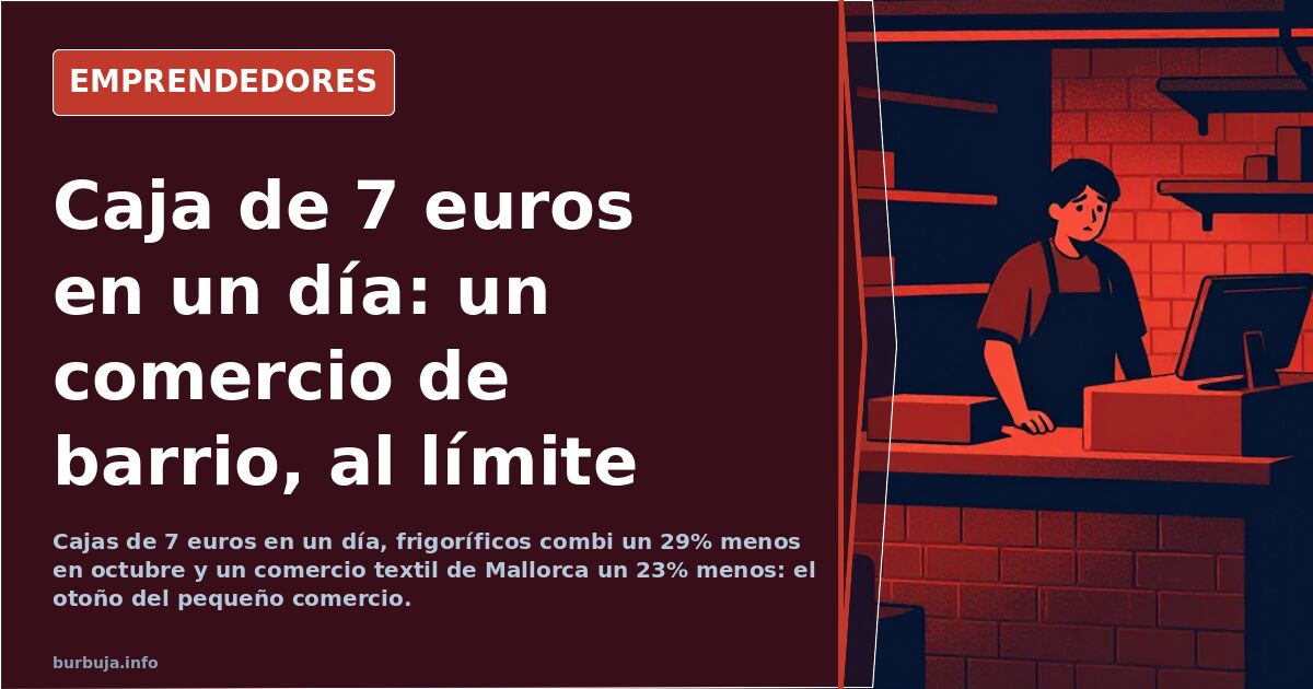 Escaparate de una tienda de barrio con cartel de liquidación y la acera casi vacía de viandantes en plena caída del comercio 