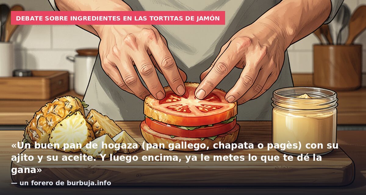 Debate sobre ingredientes en las tortitas de jamón: «Un buen pan de hogaza (pan gallego, chapata o pagès) con su ajito y su aceite. Y luego encima, ya le metes lo que te dé la gana» — un forero de burbuja.info