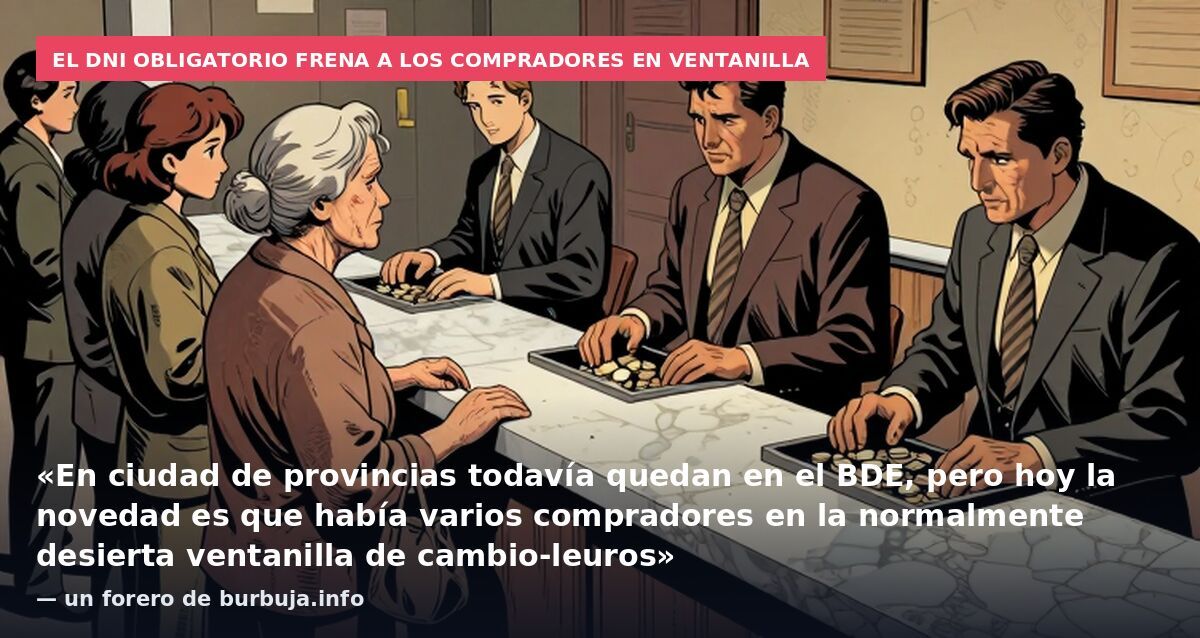 El DNI obligatorio frena a los compradores en ventanilla: «En ciudad de provincias todavía quedan en el BDE, pero hoy la novedad es que había varios compradores en la normalmente desierta ventanilla de cambio-leuros» — un forero de burbuja.info
