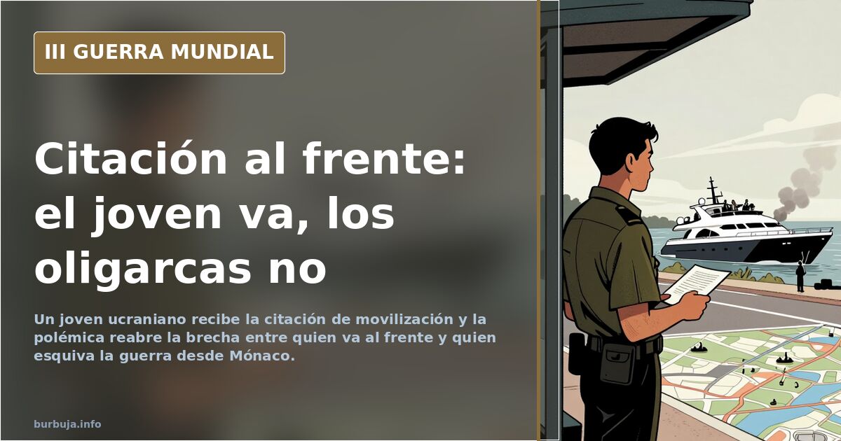 Joven ucraniano con una citación de movilización en la mano ante un horizonte con columnas de humo y siluetas de vehículos mi