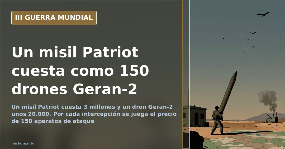 Lanzadores del sistema antiaéreo Patriot desplegados y siluetas de drones Geran-2 sobre un horizonte con humo