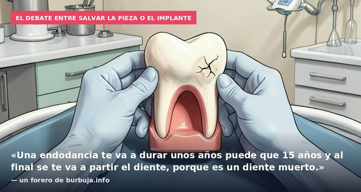 El debate entre salvar la pieza o el implante: «Una endodancia te va a durar unos años puede que 15 años y al final se te va a partir el diente, porque es un diente muerto.» — un forero de burbuja.info