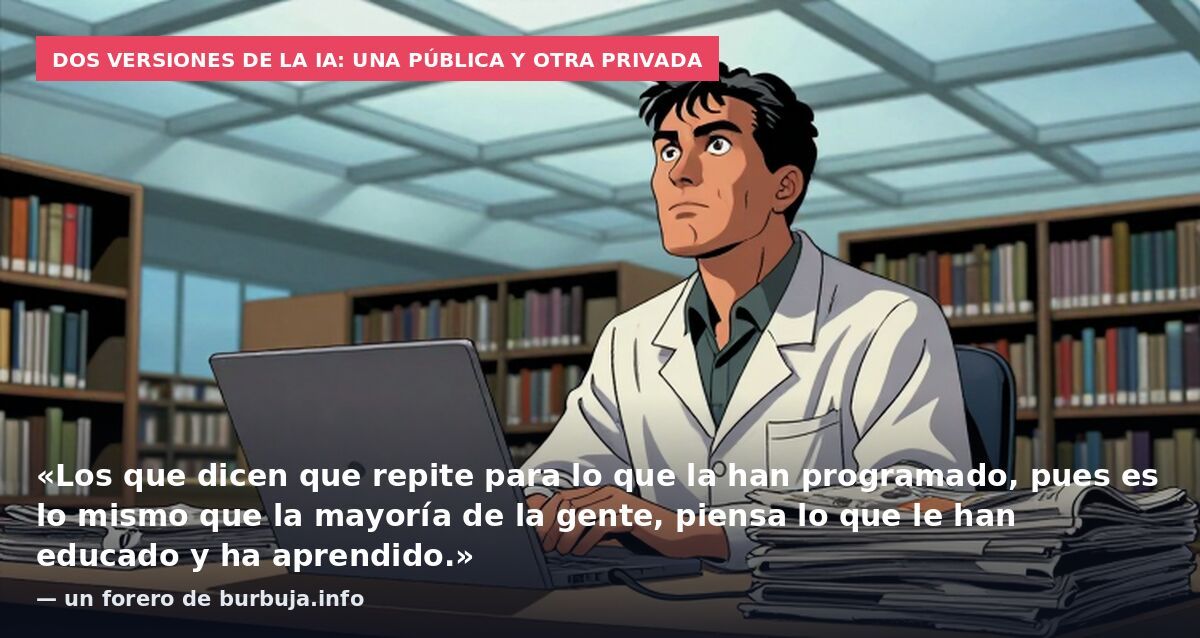 Dos versiones de la IA: una pública y otra privada: «Los que dicen que repite para lo que la han programado, pues es lo mismo que la mayoría de la gente, piensa lo que le han educado y ha aprendido.» — un forero de burbuja.info