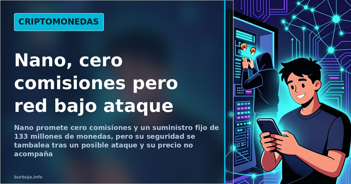 Nodos luminosos de la red de la criptomoneda Nano conectados en cadena, con cero comisiones simbolizadas en el diseño