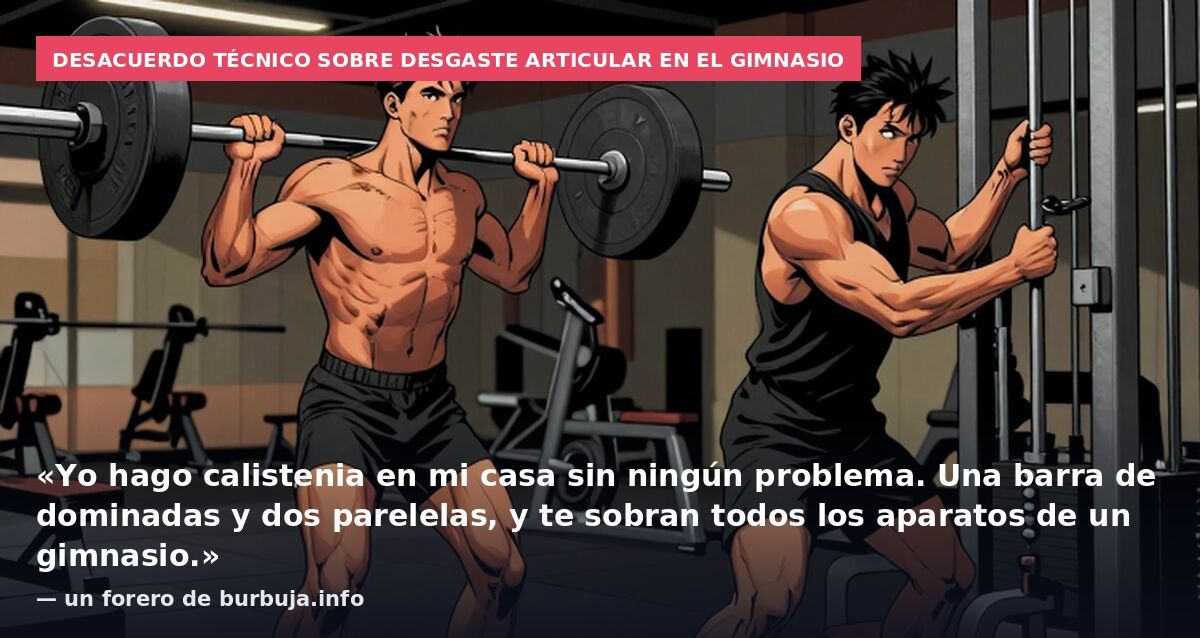 Desacuerdo técnico sobre desgaste articular en el gimnasio: «Yo hago calistenia en mi casa sin ningún problema. Una barra de dominadas y dos parelelas, y te sobran todos los aparatos de un gimnasio.» — un forero de burbuja.info