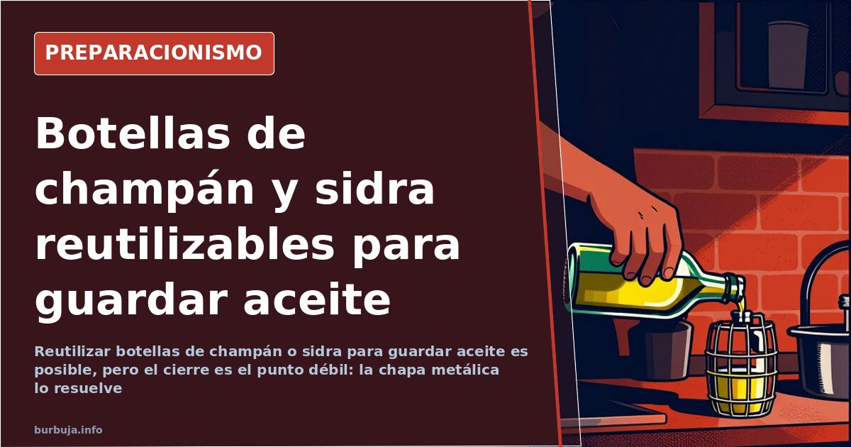 Botellas de vidrio vacías de champán y sidra alineadas sobre una superficie, listas para reutilizar guardando aceite u otros 