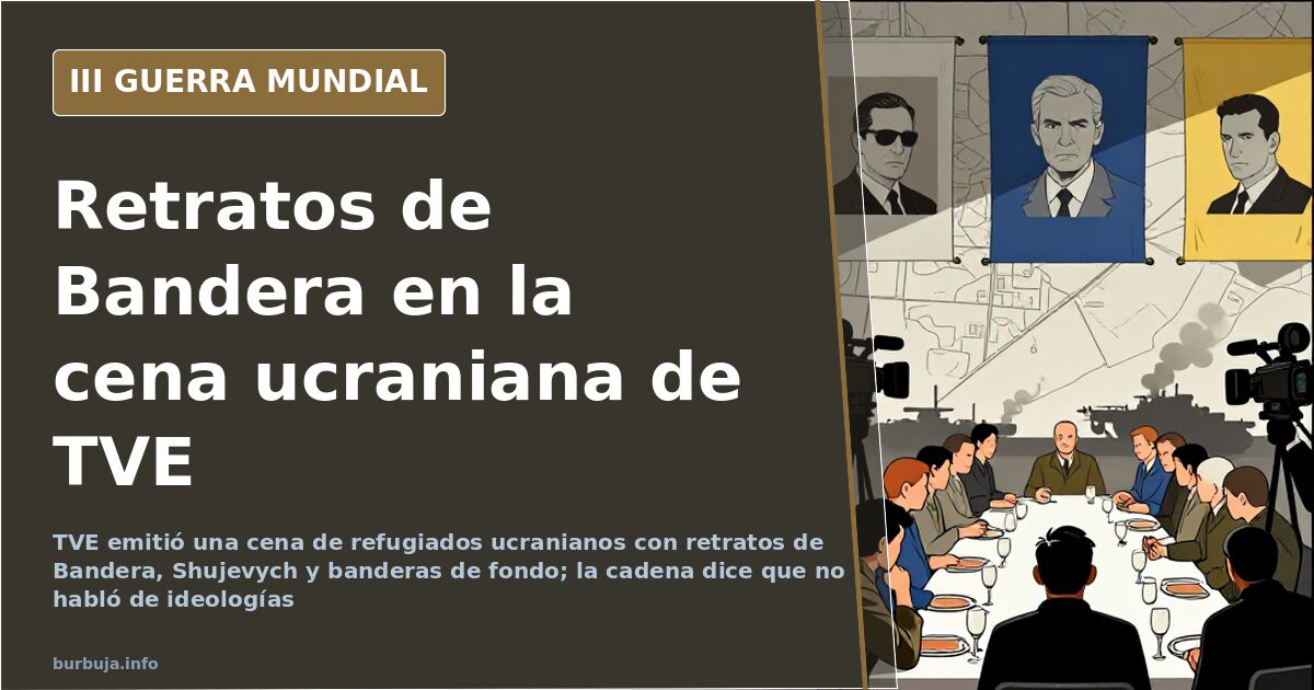 Retransmisión televisiva de una cena navideña en un comedor con retratos enmarcados y banderas colgadas en la pared de fondo