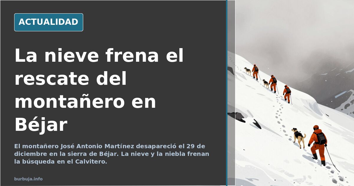 Panorámica de la sierra de Béjar nevada donde se busca al montañero desaparecido, con un coche aparcado al inicio de la ruta