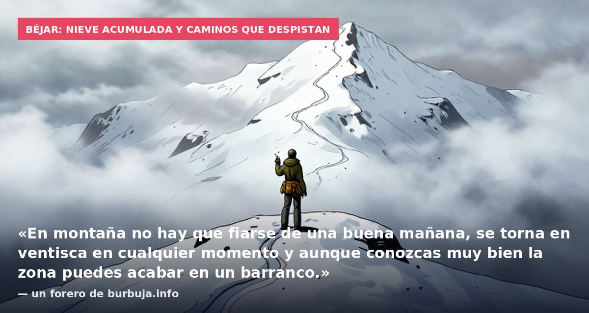 Béjar: nieve acumulada y caminos que despistan: «En montaña no hay que fiarse de una buena mañana, se torna en ventisca en cualquier momento y aunque conozcas muy bien la zona puedes acabar en un barranco.» — un forero de burbuja.info