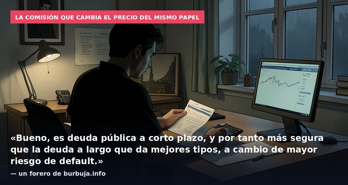 La comisión que cambia el precio del mismo papel: «Bueno, es deuda pública a corto plazo, y por tanto más segura que la deuda a largo que da mejores tipos, a cambio de mayor riesgo de default.» — un forero de burbuja.info