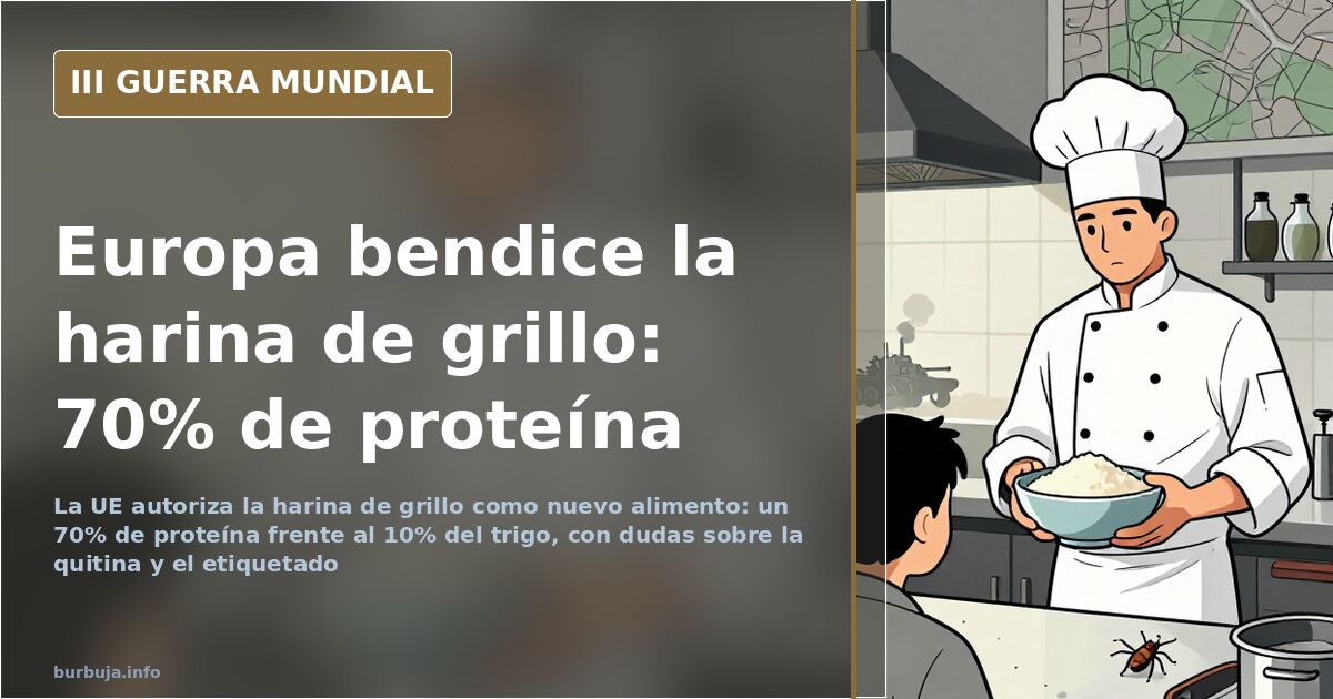 Sacos de harina de grillo apilados en una línea de envasado industrial junto a un plato de galletas de insecto