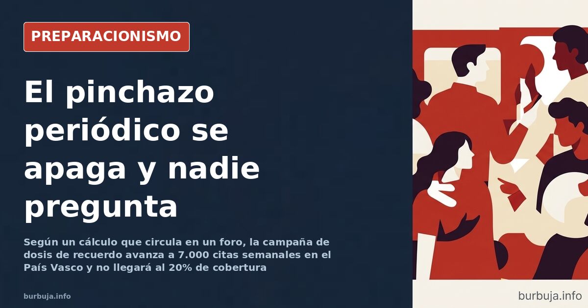 Vial de vacuna y jeringuilla sobre fondo clínico junto a un gráfico de cobertura descendente en la campaña de dosis de recuer