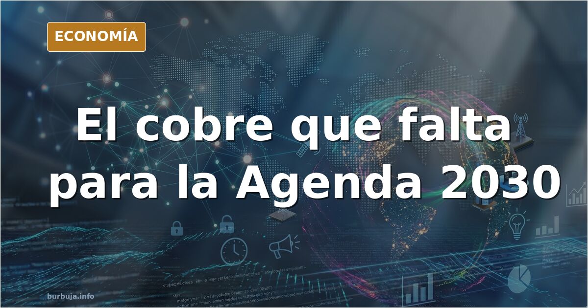 Ilustración editorial de un cable de cobre cortado sobre un fondo azul marino y dorado, símbolo de la escasez de metales para