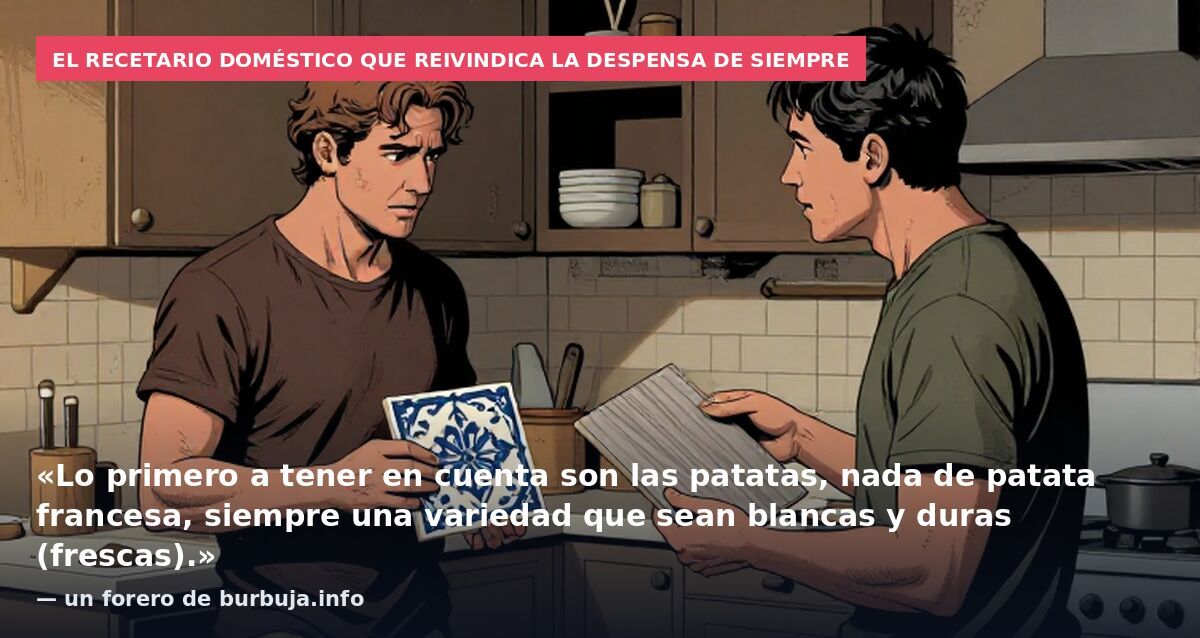 El recetario doméstico que reivindica la despensa de siempre: «Lo primero a tener en cuenta son las patatas, nada de patata francesa, siempre una variedad que sean blancas y duras (frescas).» — un forero de burbuja.info