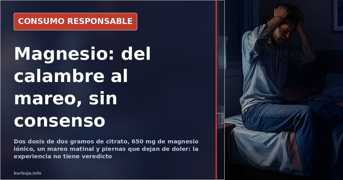 Botes de suplementos de magnesio en citrato, bisglicinato y cloruro junto a un vaso de agua sobre una mesa