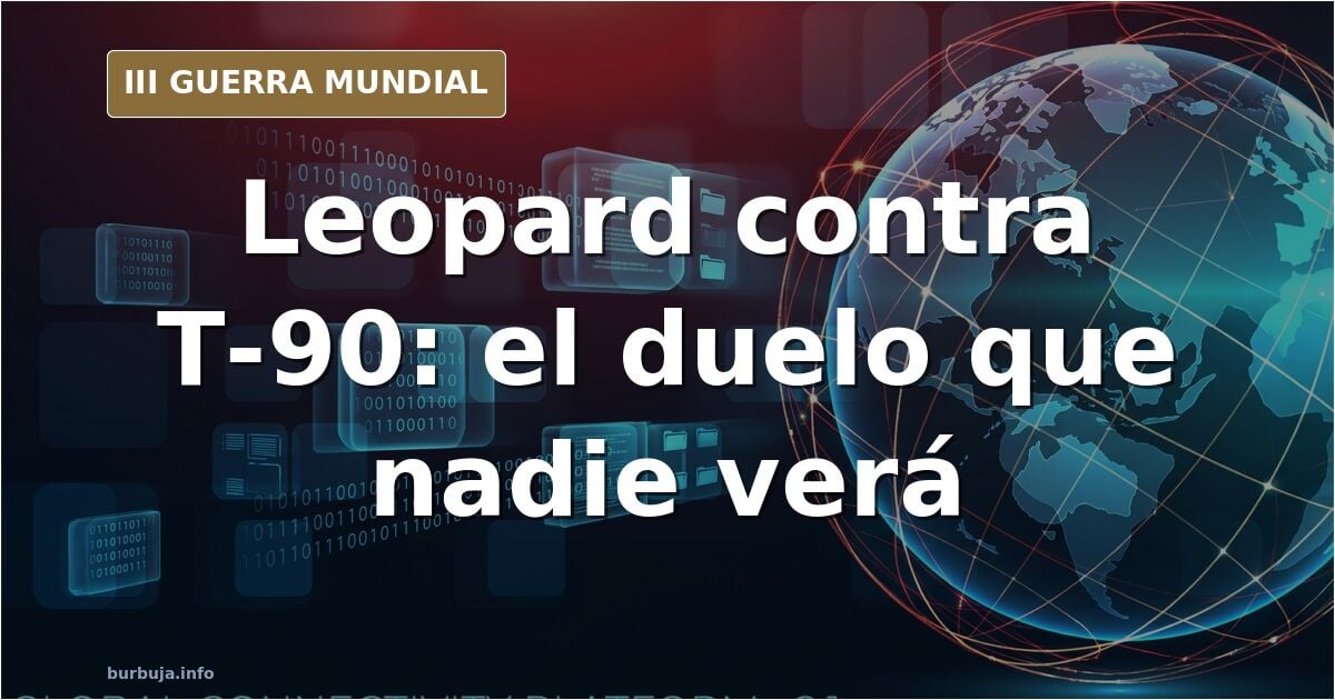 Silueta de un carro de combate Leopard sobre terreno embarrado con columnas de humo lejanas y un mapa de la frontera este de 