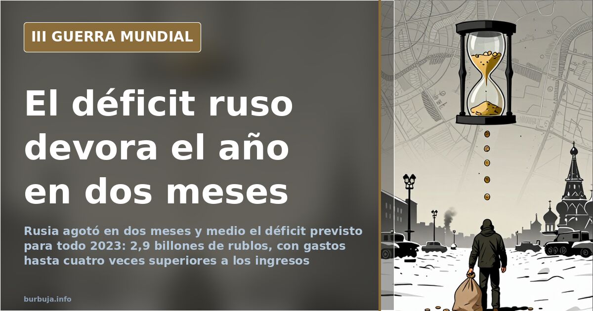 Mapa de Rusia con barras comparando ingresos y gastos y siluetas de infraestructura energética en tonos apagados