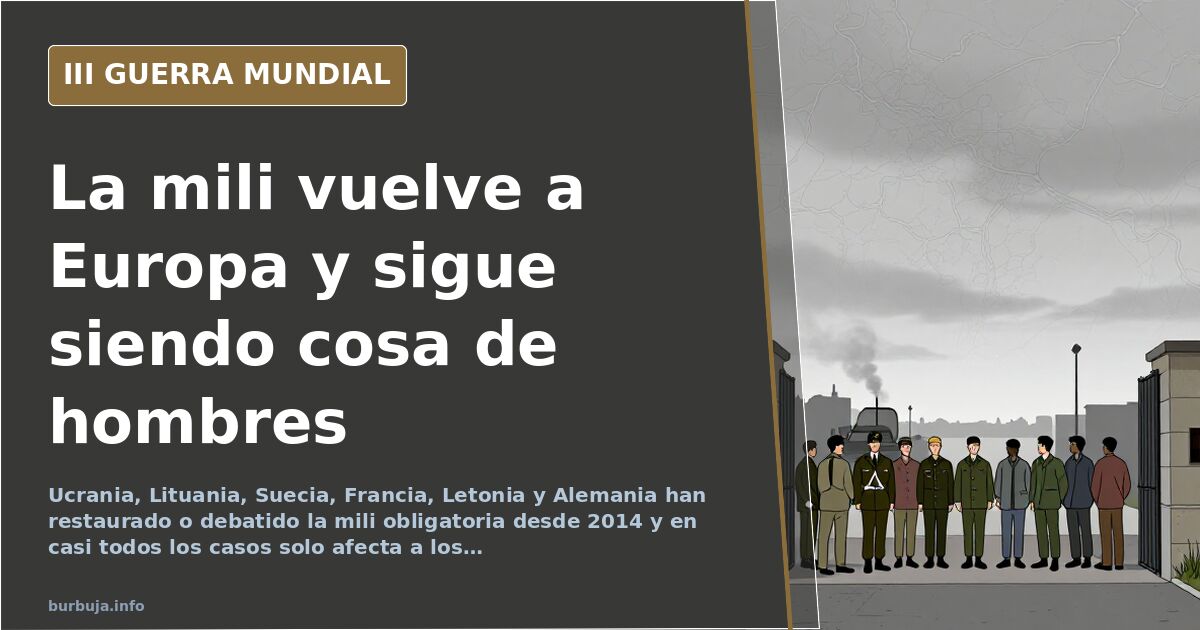 Mapa de Europa con siluetas de equipamiento militar y columnas de humo en el horizonte como símbolo del retorno del servicio 