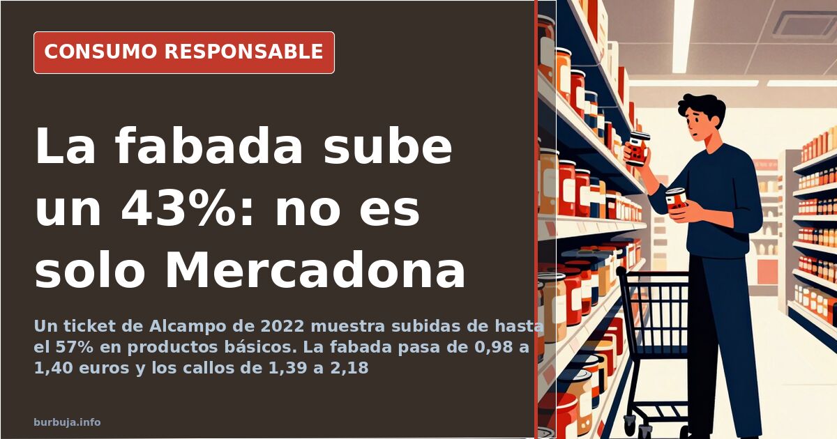Ticket de compra de supermercado con precios de fabada, callos y latas de conserva, ilustrando la subida de precios en alimen