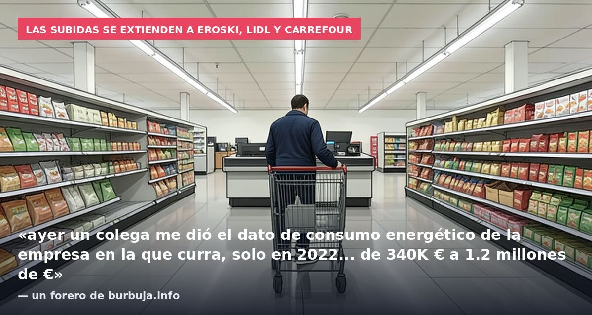 Las subidas se extienden a Eroski, Lidl y Carrefour: «ayer un colega me dió el dato de consumo energético de la empresa en la que curra, solo en 2022... de 340K € a 1.2 millones de €» — un forero de burbuja.info