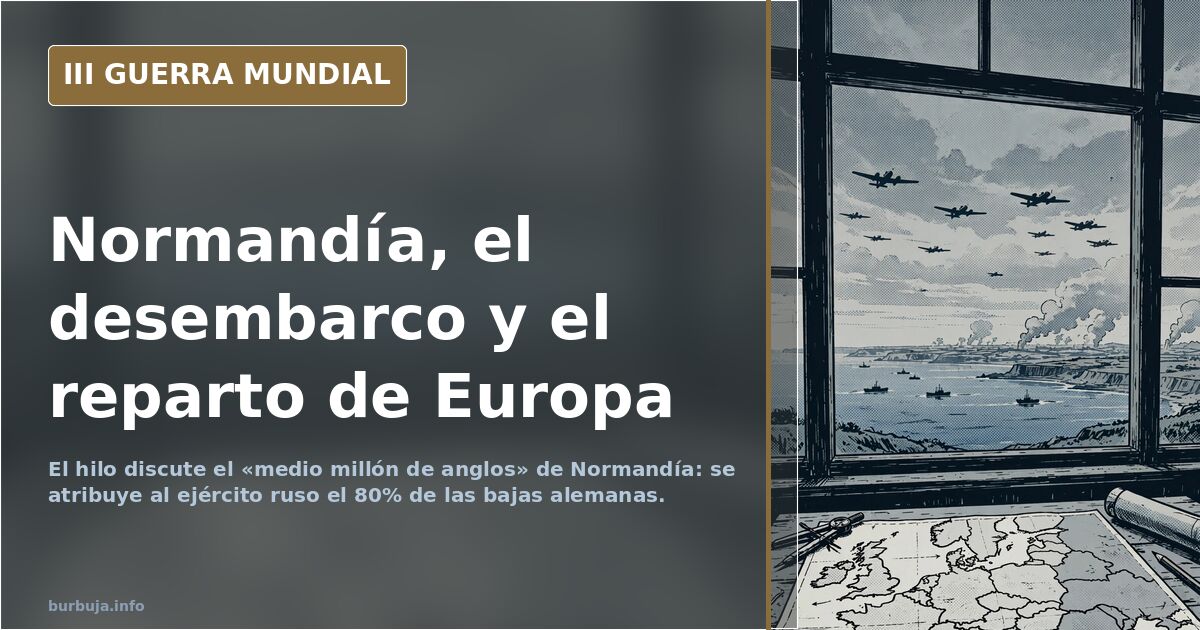 Mapa desaturado del desembarco de Normandía con siluetas de lanchas y aviones sobre cielo gris y humo lejano en el horizonte