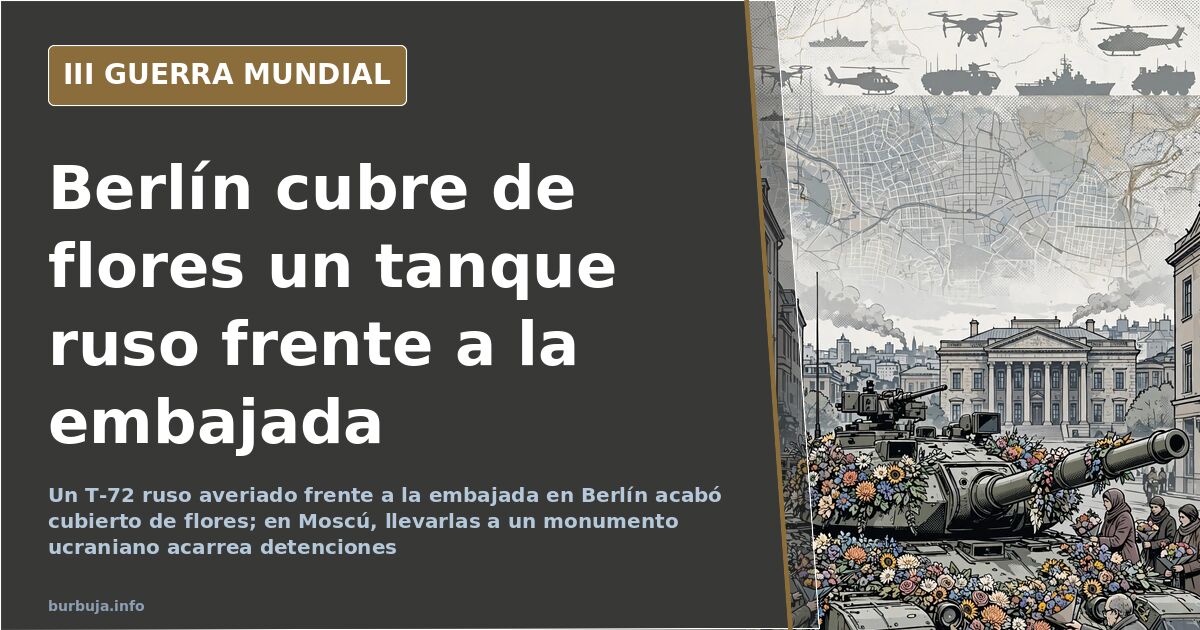 Tanque ruso T-72 averiado instalado frente a la embajada de Rusia en Berlín con flores depositadas sobre el blindaje