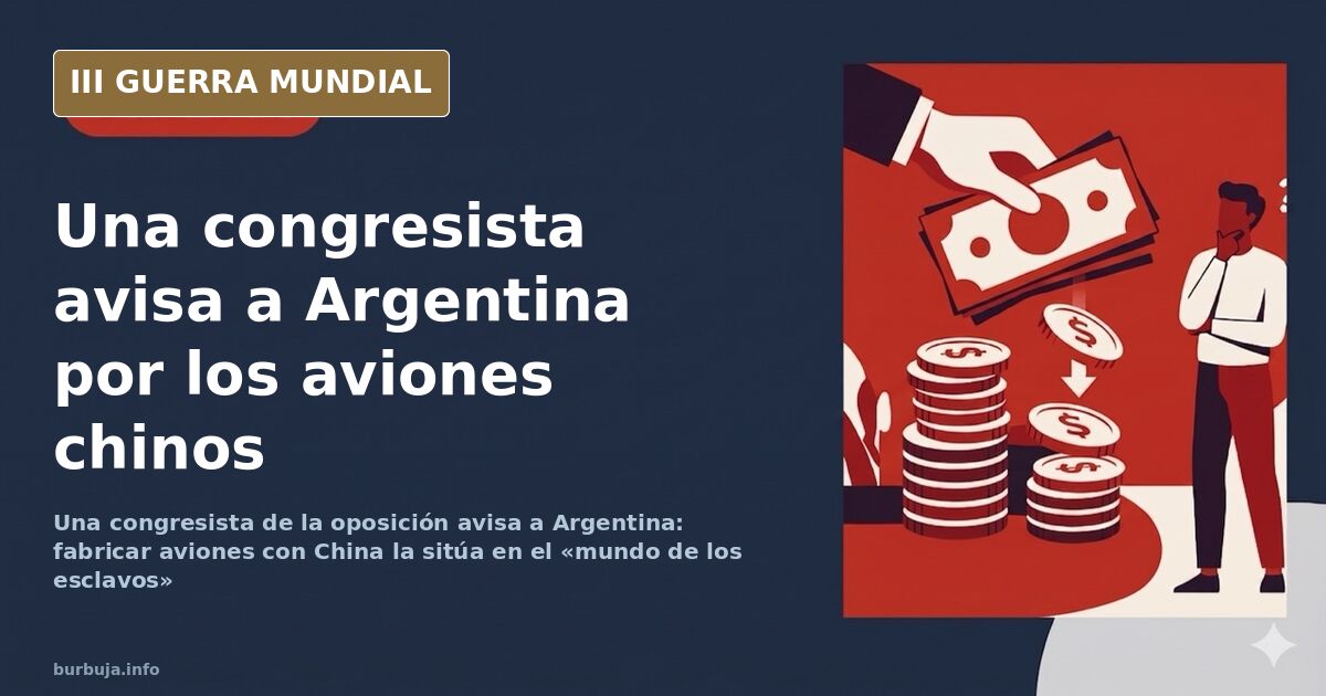 Ilustración de un avión de combate sobre un mapa de América del Sur con líneas de distancia hacia Estados Unidos