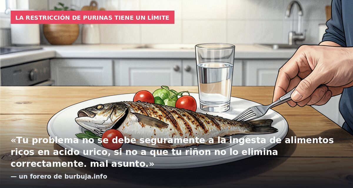La restricción de purinas tiene un límite: «Tu problema no se debe seguramente a la ingesta de alimentos ricos en acido urico, si no a que tu riñon no lo elimina correctamente. mal asunto.» — un forero de burbuja.info
