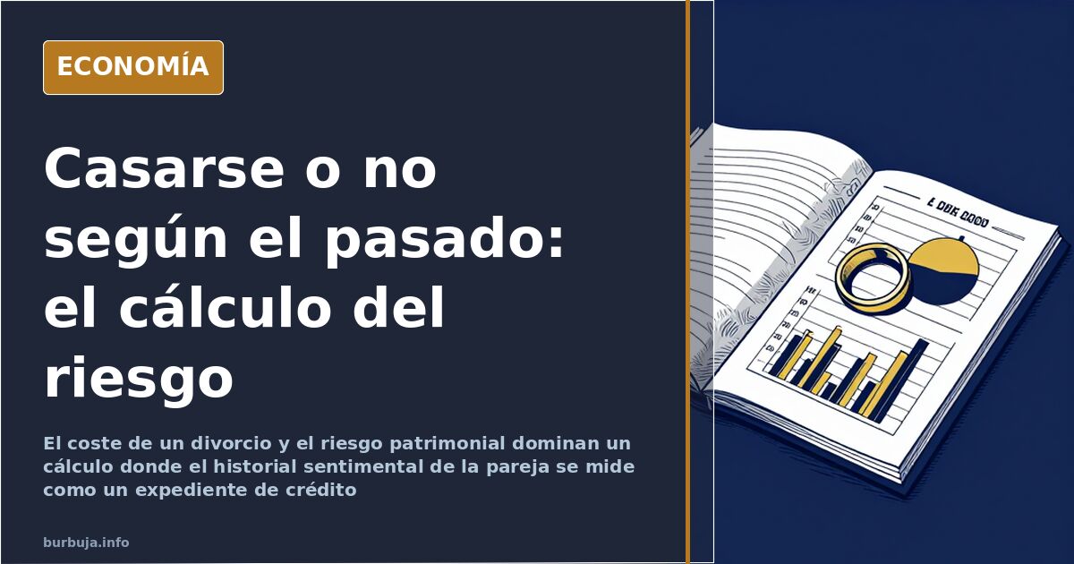 Ilustración editorial de un anillo de boda junto a un expediente con gráficos sobre el pasado de la pareja y el riesgo de div