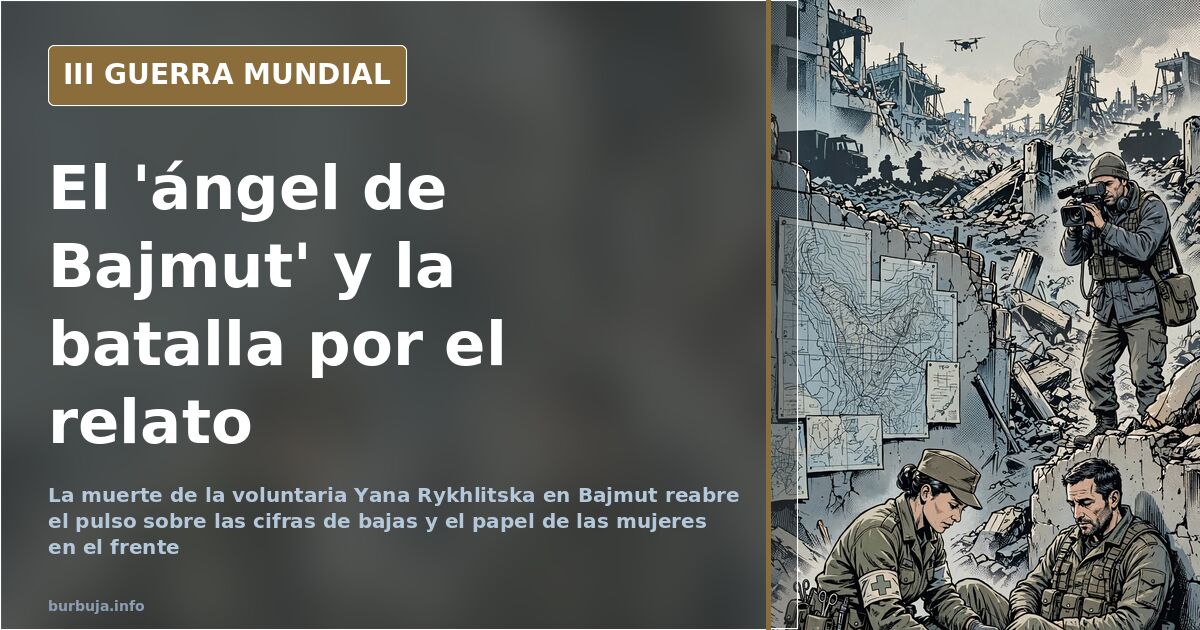 Silueta de una voluntaria con casco frente a una ciudad en ruinas durante la batalla de Bajmut
