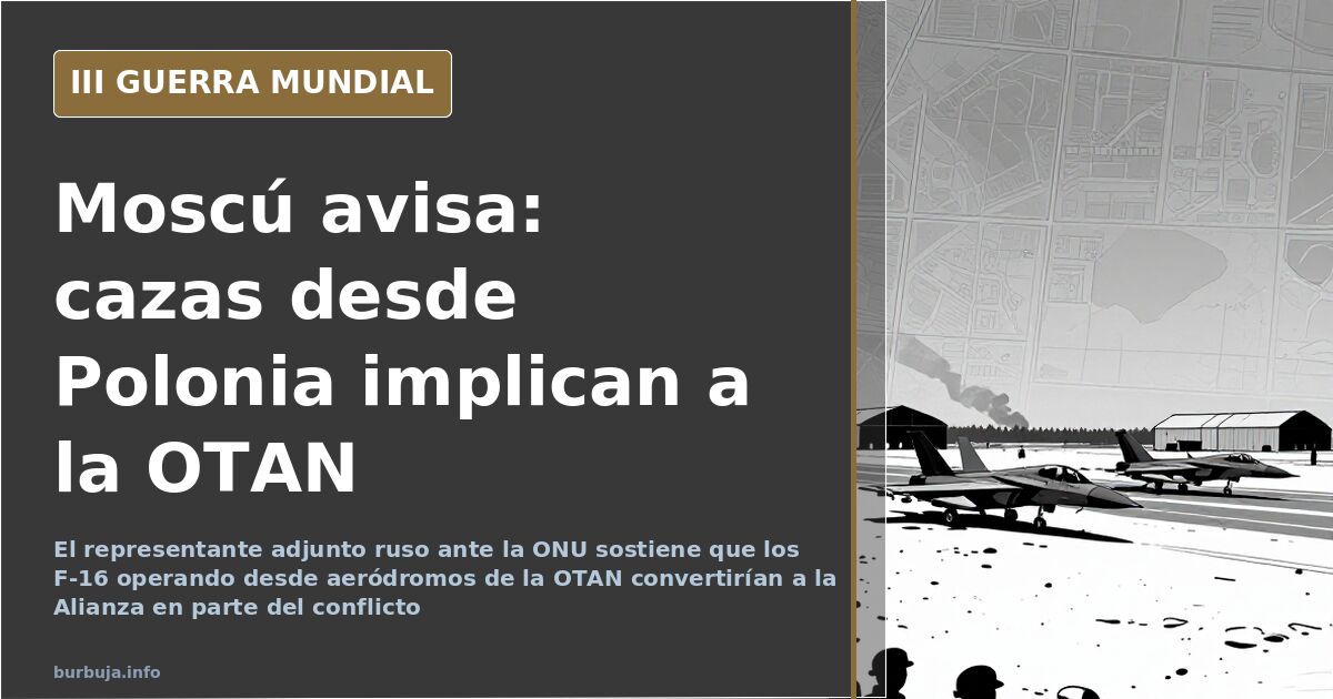 Silueta de cazas F-16 sobre un mapa de Europa del Este con aeródromos marcados y la advertencia rusa sobre la OTAN