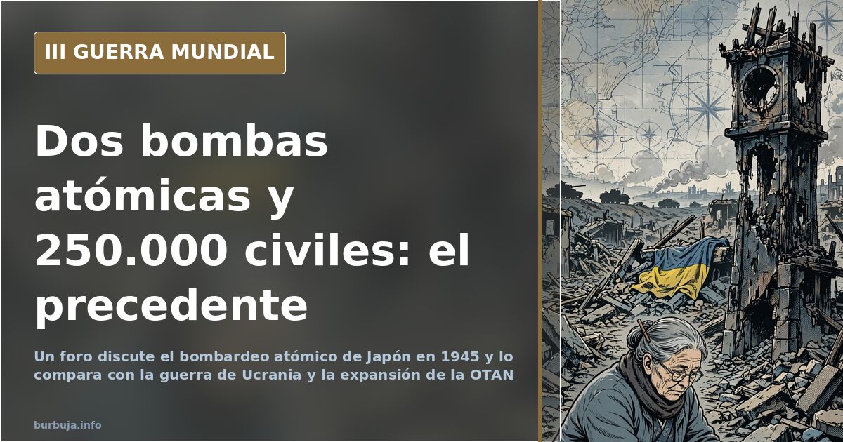 Ilustración documental desaturada de Hiroshima y Nagasaki con siluetas de bombarderos y humo lejano sobre el horizonte