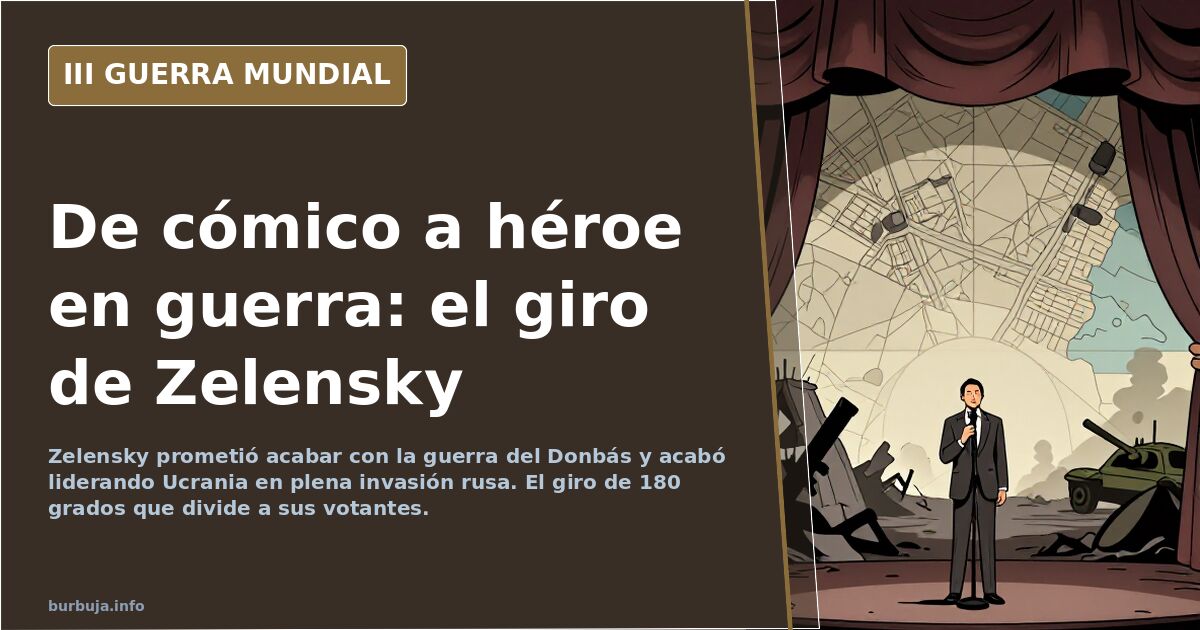 Retrato ilustrado de un Zelensky como cómico sobre un escenario, con la bandera de Ucrania al fondo