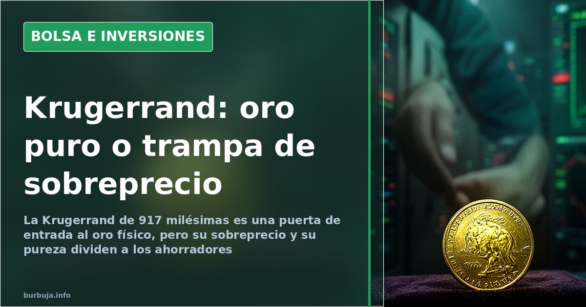 Gráfico de velas japonesas en terminal financiero con moneda de oro Krugerrand sobre fondo oscuro