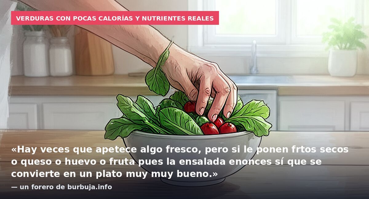 Verduras con pocas calorías y nutrientes reales: «Hay veces que apetece algo fresco, pero si le ponen frtos secos o queso o huevo o fruta pues la ensalada enonces sí que se convierte en un plato muy muy bueno.» — un forero de burbuja.info