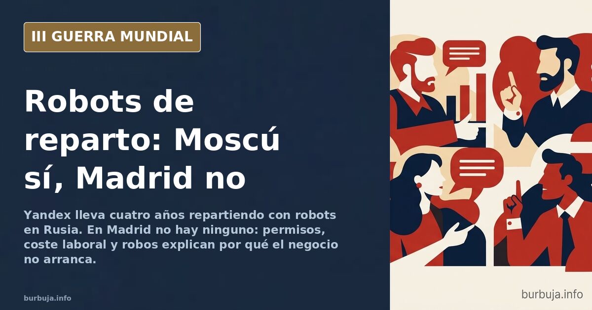 Robot de reparto autónomo con seis ruedas circulando por una acera urbana junto a peatones, imagen ilustrativa de logística r